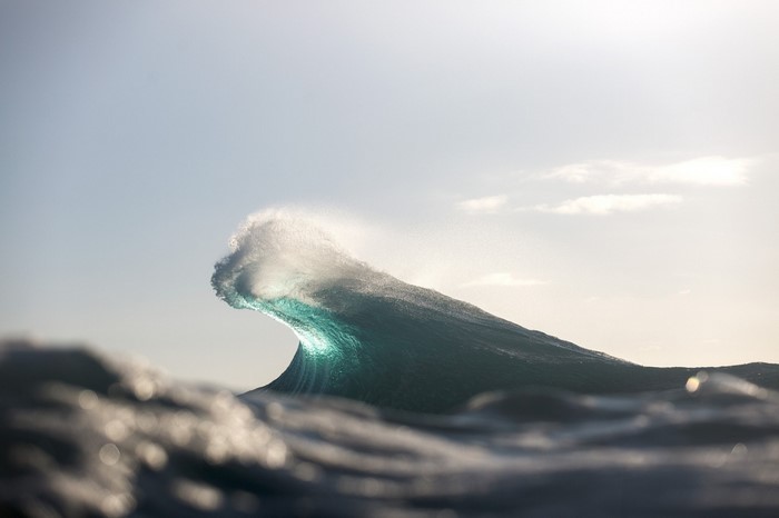 Wave cresting with sunlight and spray