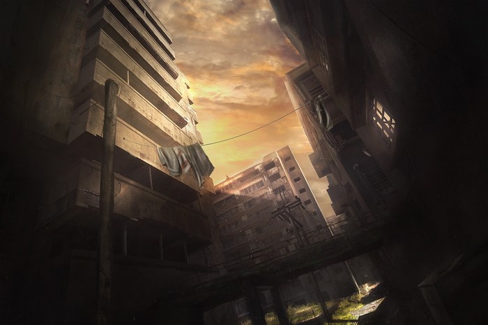 Abandoned city buildings at sunset with laundry hanging