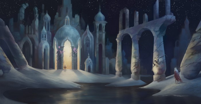Ruined fantasy castle under a starry night sky