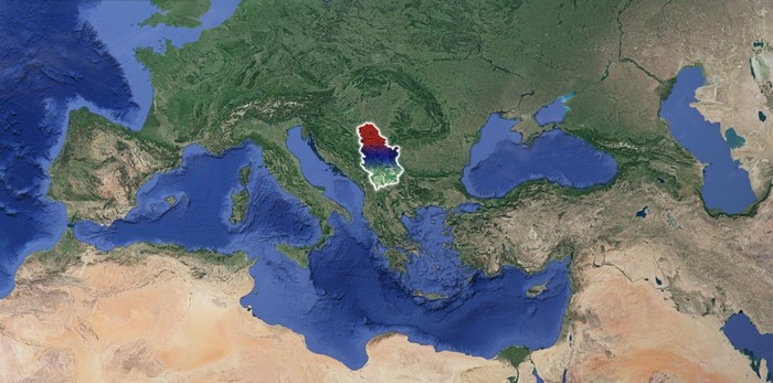 Satellite view of Serbia highlighted on a world map
