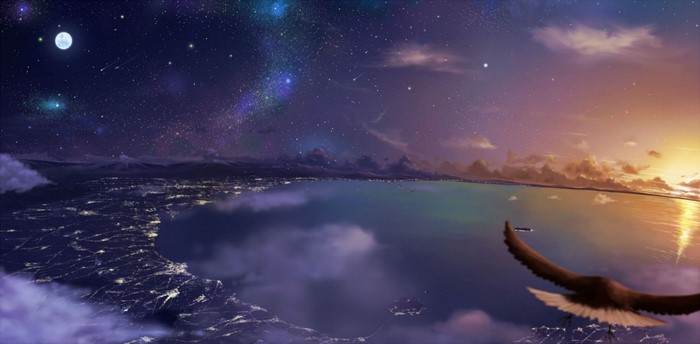 Anime night sky over city and ocean with eagle