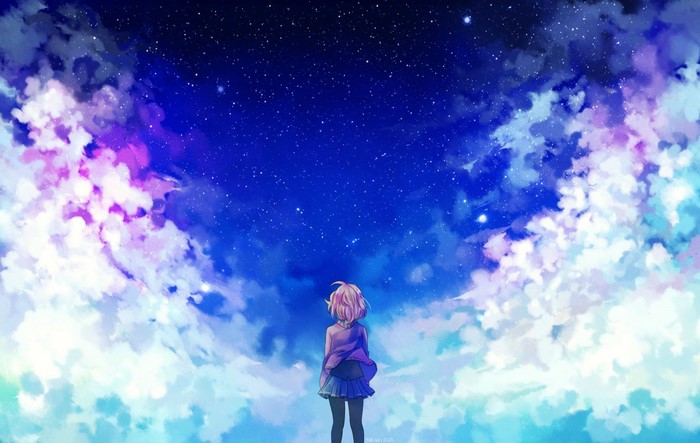 Anime girl looking up at a starry sky with colorful clouds