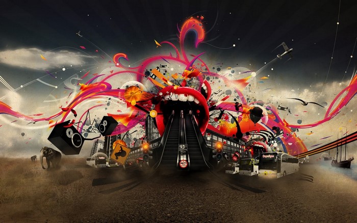 Abstract collage with colorful shapes and city elements