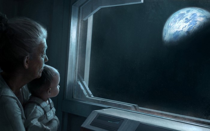 Grandmother and baby looking at Earth from space