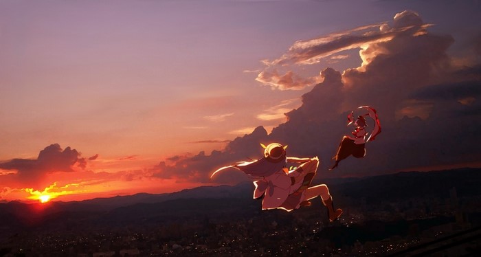 Two anime girls flying in the sky at sunset