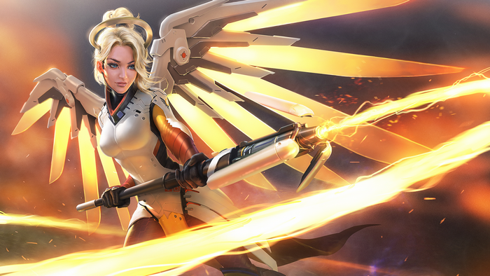 Mercy from Overwatch with glowing wings and weapon