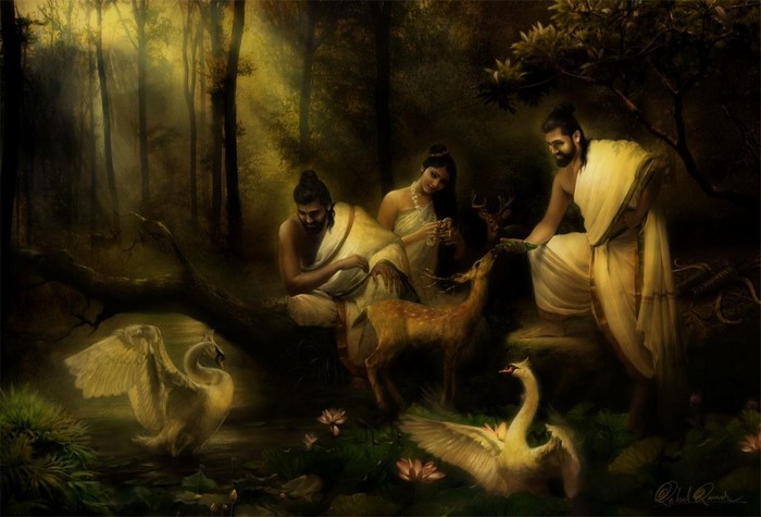 Lord Rama with Sita and Lakshmana in a forest