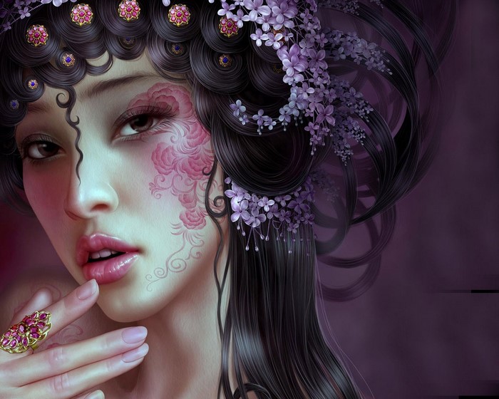 Fantasy art of a woman with floral face paint and jewelry
