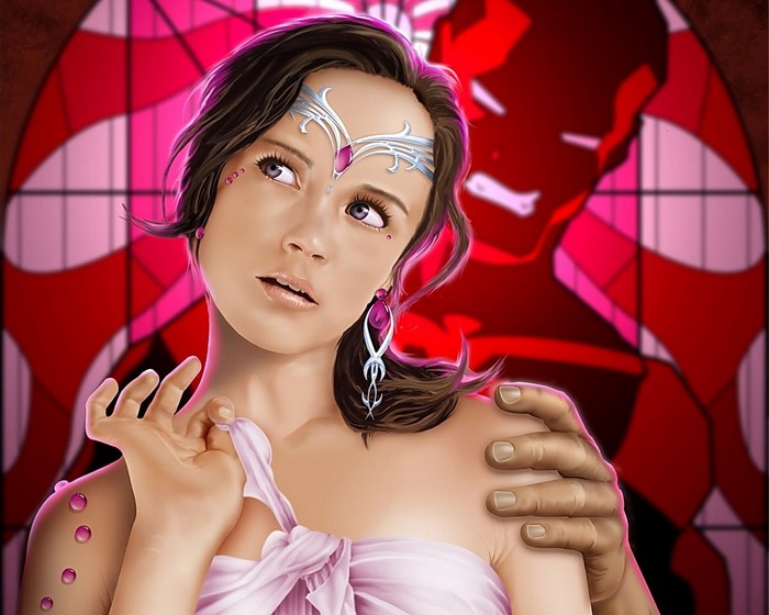 Fantasy art of a woman with a man's shadow behind her
