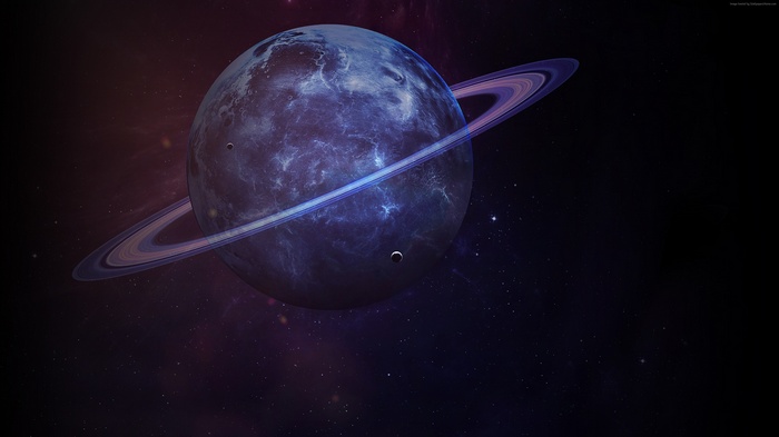 4K Saturn planet with rings and moons