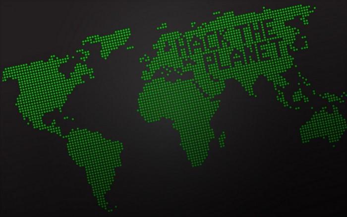 Green Digital World Map with Hack the Planet Text