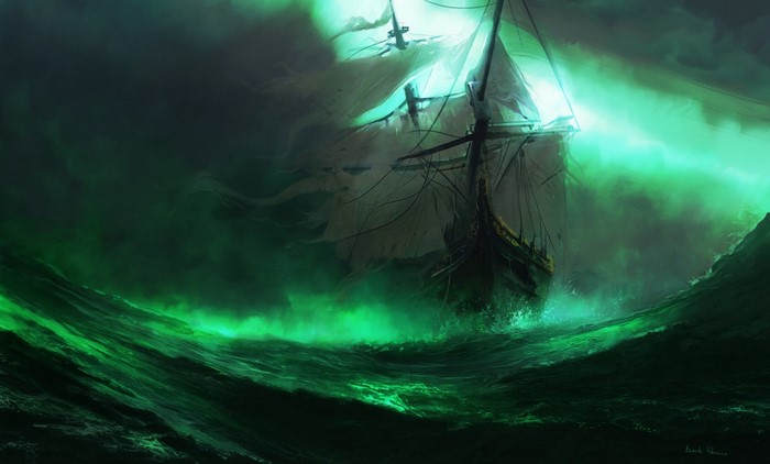 Ghost ship sailing through a stormy, glowing green sea