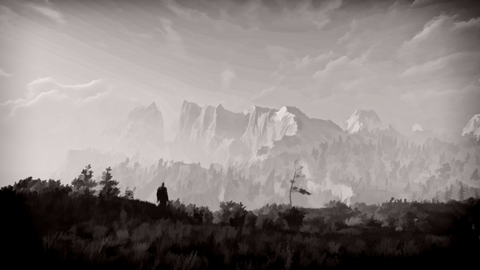 Geralt from The Witcher 3 Wild Hunt in a misty mountain landscape