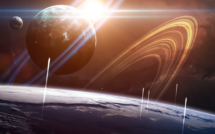 Saturn and Earth with rings and rockets