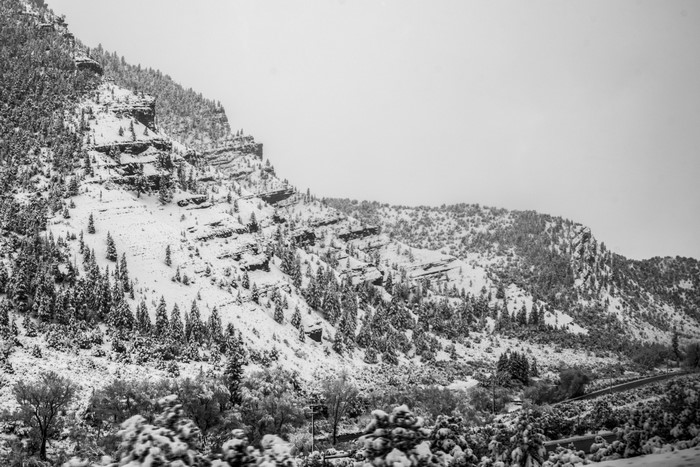 Snow-covered mountains and trees in black and white