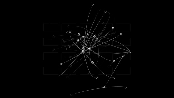 Abstract network of white lines and circles on black background