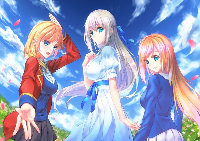 Three anime girls with blue eyes under a cloudy sky