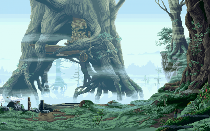 Pixel art fantasy swamp with ancient trees and a boat