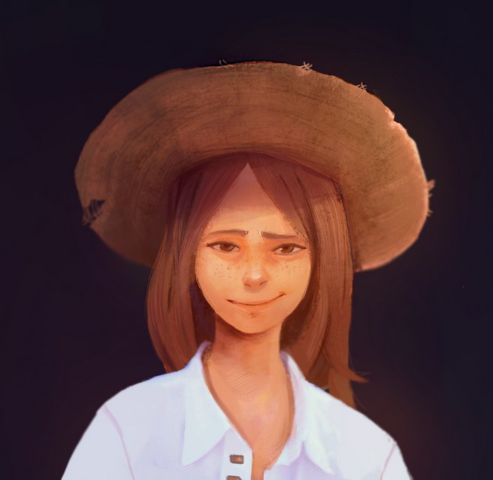 Woman wearing a straw hat and white shirt