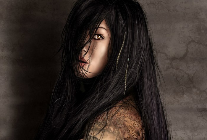 Portrait of a Fantasy Girl with Long Black Hair