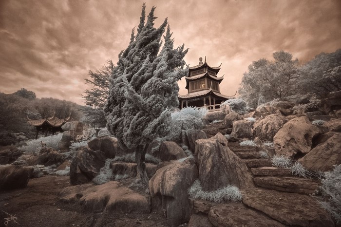 Infrared Pagoda Landscape with Rocks and Trees