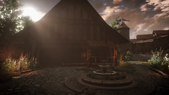The Witcher 3 Wild Hunt screenshot of a courtyard with a fountain
