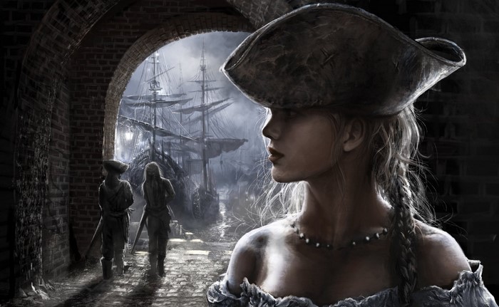 Pirate girl and ships in a harbor
