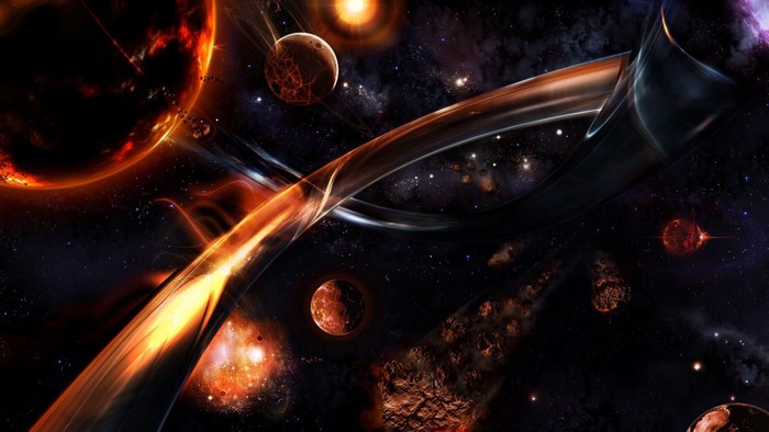 Abstract Space Scene with Planets and Cosmic Structures