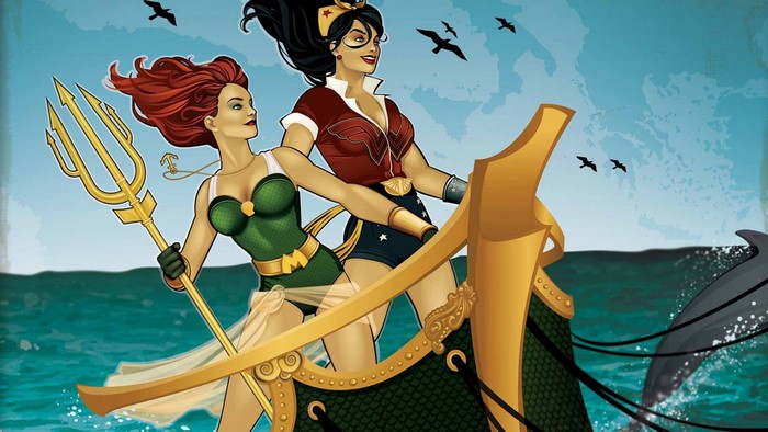 Wonder Woman and Mera on a boat with a dolphin
