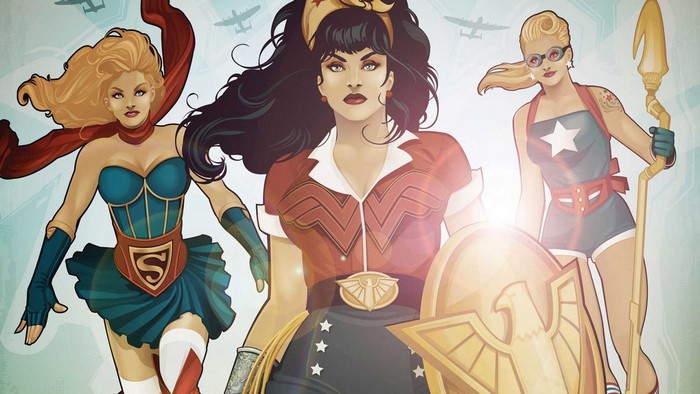 Wonder Woman, Supergirl, and Star-Spangled Girl pin-up illustration
