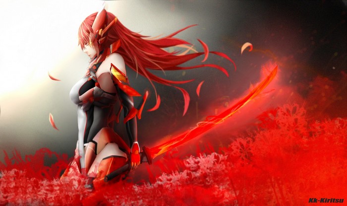 Redhead anime girl with flaming sword