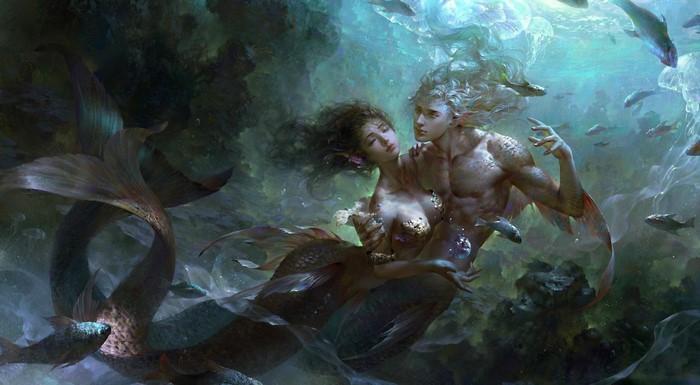 Fantasy art of mermaids underwater with fish
