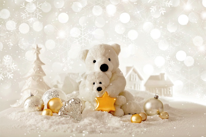 Christmas scene with teddy bears and ornaments