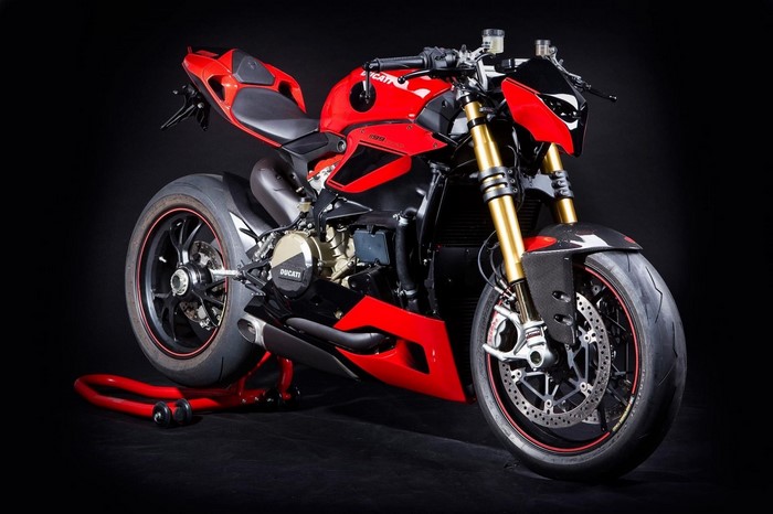 Red Ducati motorcycle on a stand