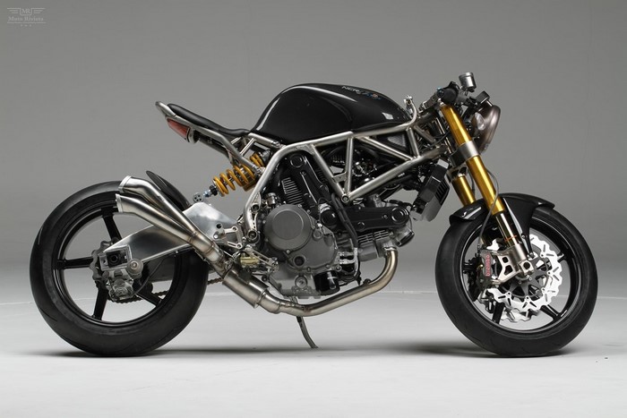Custom Ducati motorcycle with exposed frame and dual exhaust