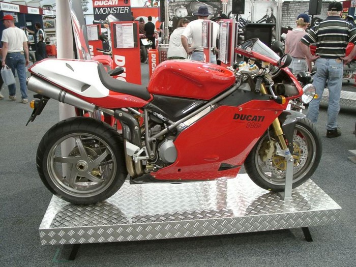Red Ducati 996R motorcycle on display