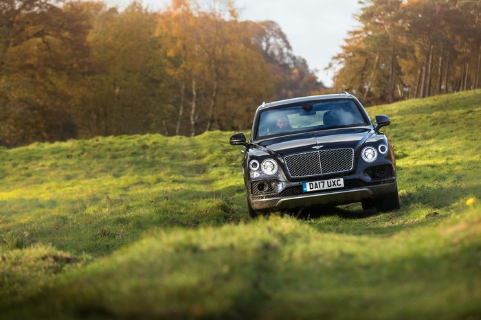 Black Bentley Bentayga driving on a grassy hill