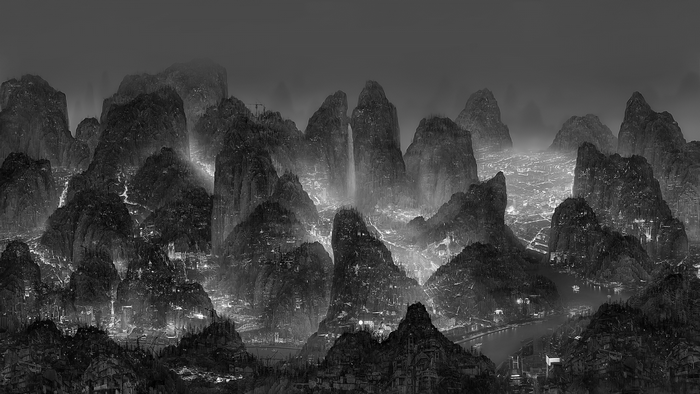 Fantasy city built into mountains at night
