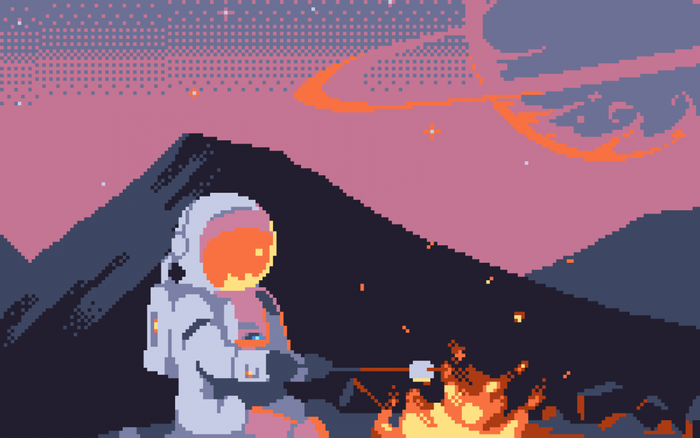 Pixel Art Astronaut Sitting by Campfire on Alien Planet