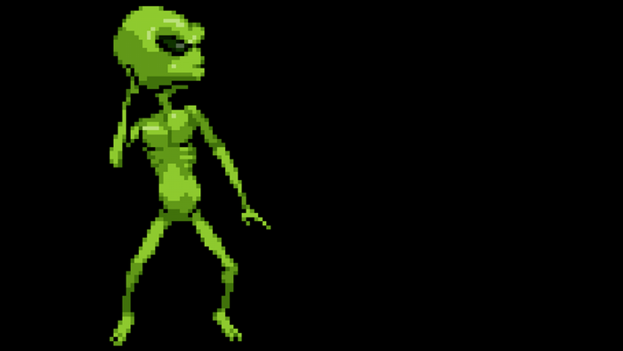 Pixel art green alien on black background