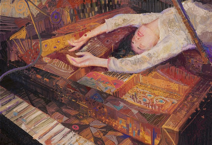 Painting of a woman lying on a piano