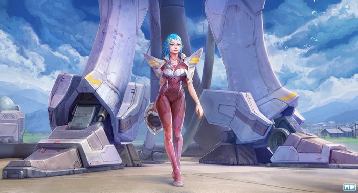 Woman in futuristic suit with giant mech