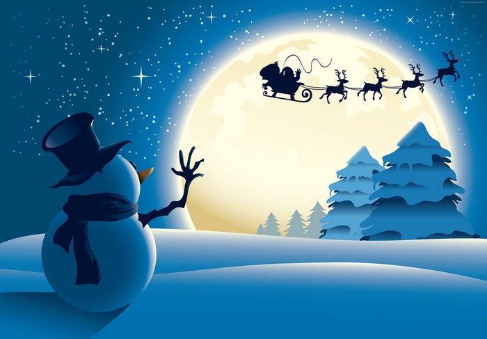 Snowman and Santa's sleigh in the night sky 4K