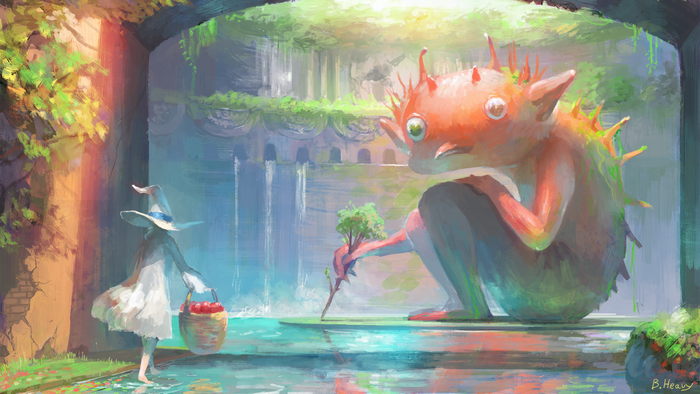 A witch and a creature in a magical garden