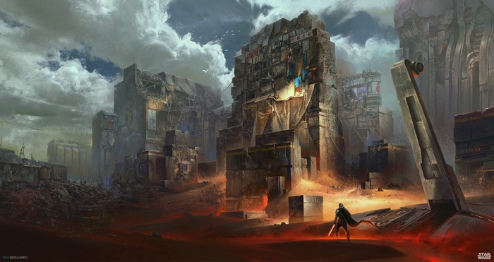 Sith with lightsaber in Star Wars ruins