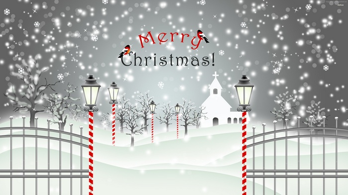 Merry Christmas winter scene with church and snow