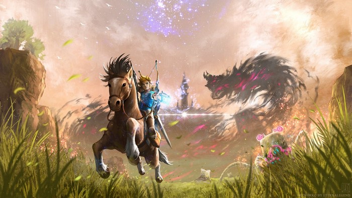 Link on horseback facing a monster in The Legend of Zelda