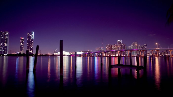 Miami Cityscape at Night with Bridge and Reflections