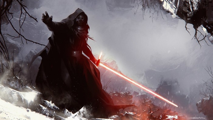 Kylo Ren from Star Wars with a lightsaber in the snow