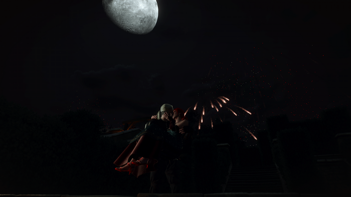 Geralt and Yennefer from The Witcher 3: Wild Hunt kissing under the moon